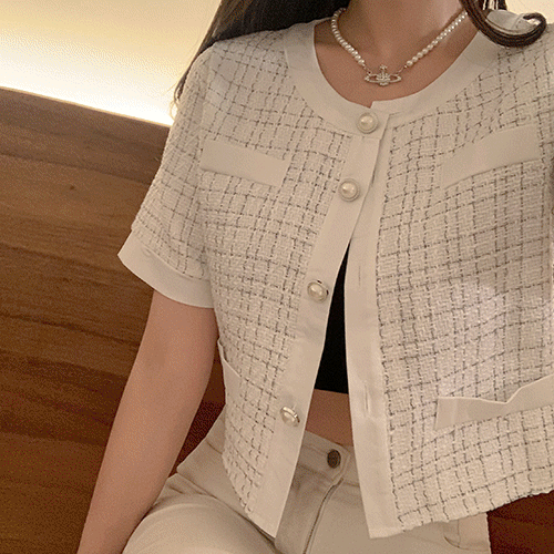 봄 여름 진주 루즈핏 반팔 숏 트위드 자켓 가디건 T#YW957