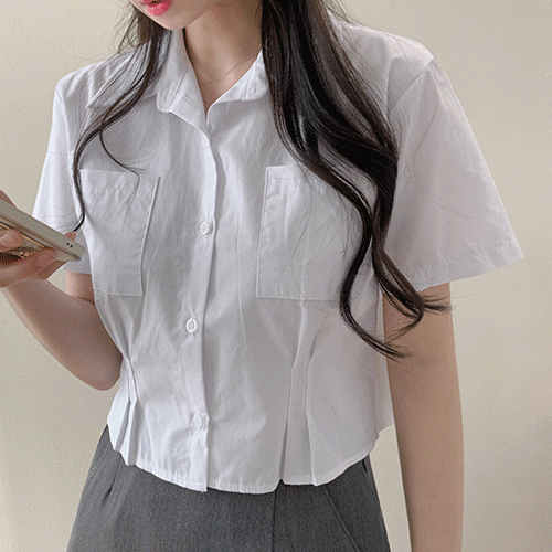 [봄부터~/4color] 파스텔 코튼 남방 포켓 반팔 크롭 셔츠 T#YW960