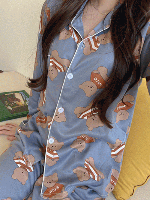 [홈웨어] 남녀공용 곰돌이 카라넥 잠옷/홈웨어 세트 T#YW061